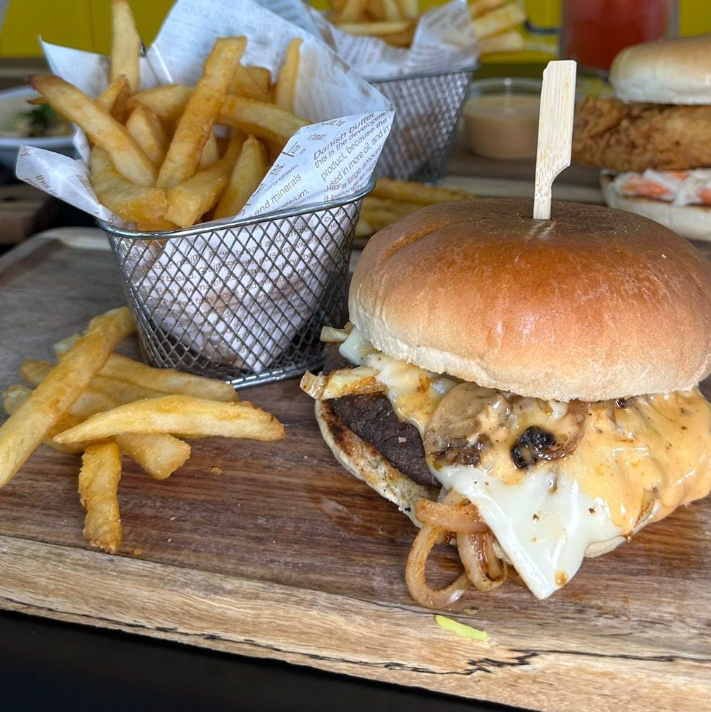 Mushroom Swiss Burger with Fries.