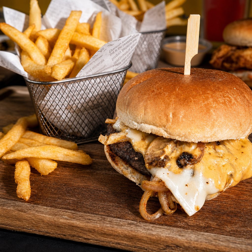 Mushroom Swiss Burger with Fries.