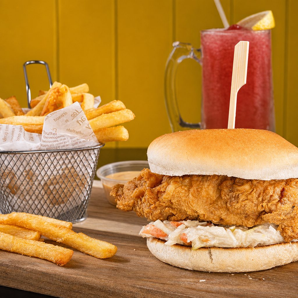 Crispy Burger with Fries.