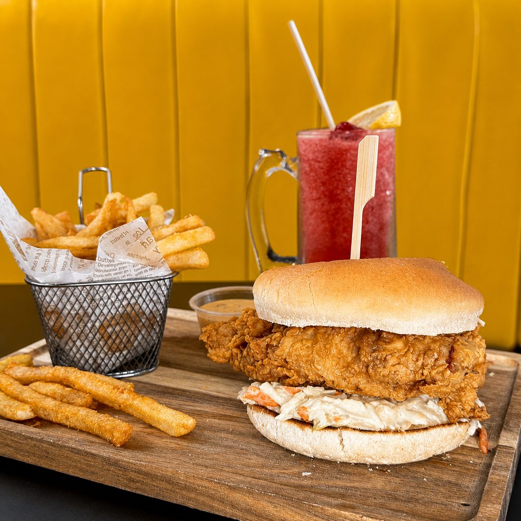 Chicken Burger with Fries.